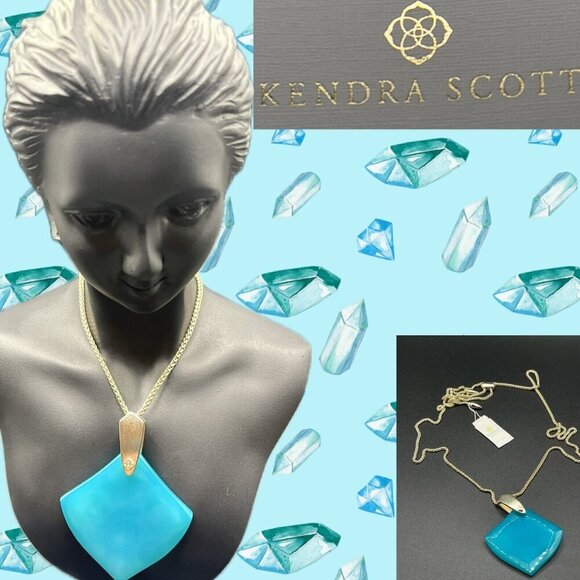 Kendra Scott Teal Blue Agate Stone Diamond Shaped Pendant 14K GP Slider Necklace - Picture 1 of 3